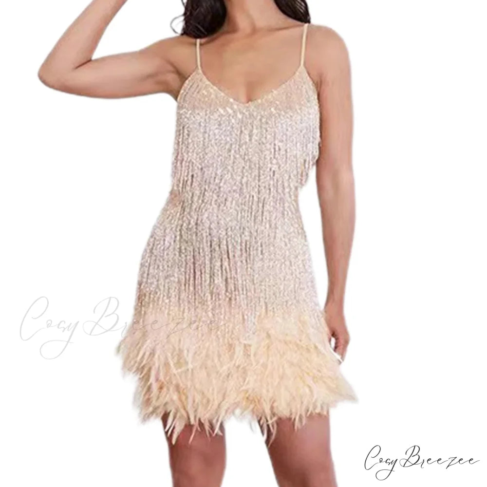 Feather Sequin Off-Shoulder Mini Party Dress Light Gold / S