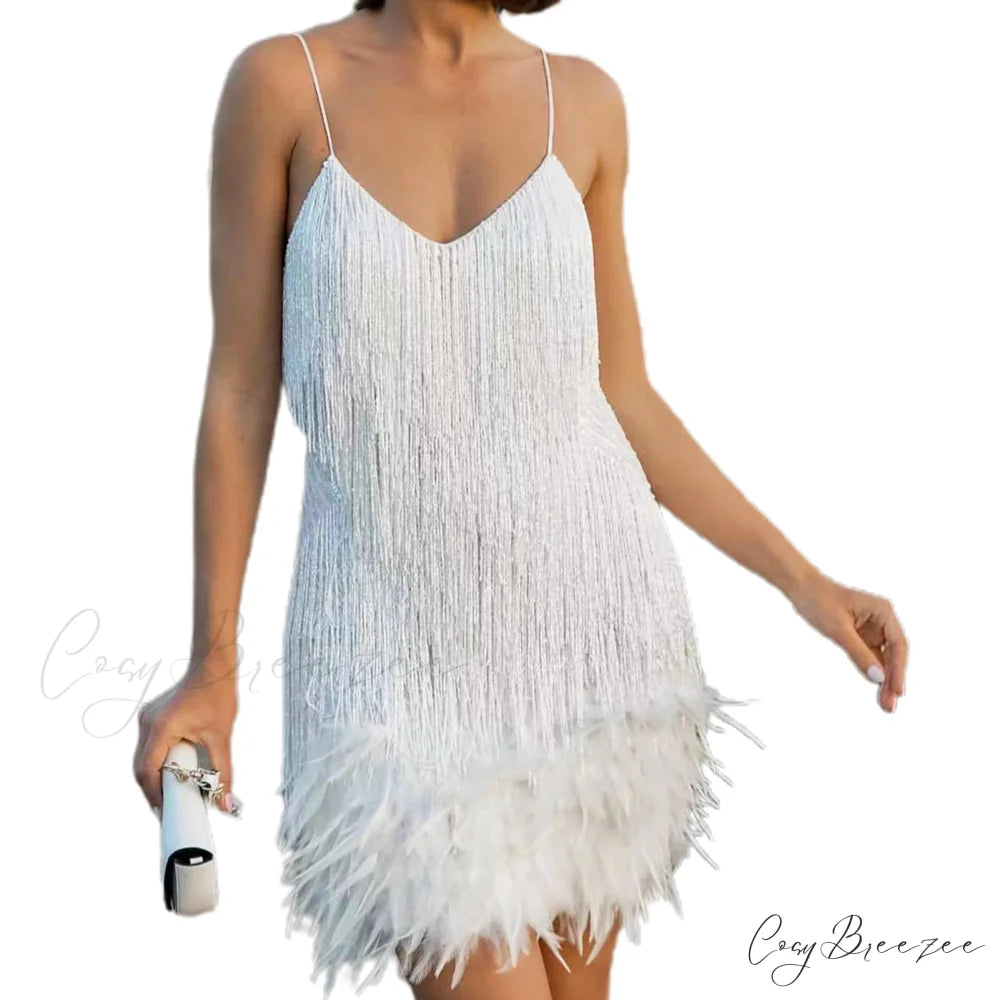Feather Sequin Off-Shoulder Mini Party Dress White / S