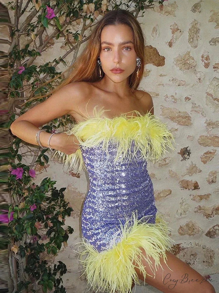 Feather Sequins Bodycon Mini Party Dress