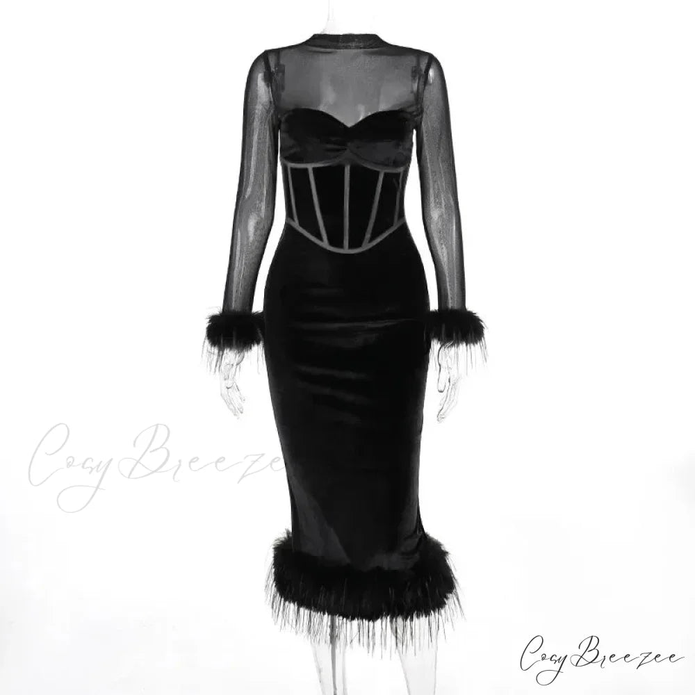 Feathered Retro Slim High Waisted Spliced Mesh Temperamental Female Midi Dress Black / S