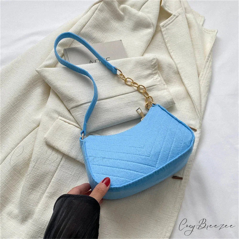 Felt Solid Color Retro Underarm Shoulder Bag Sky blue shoulder-250126