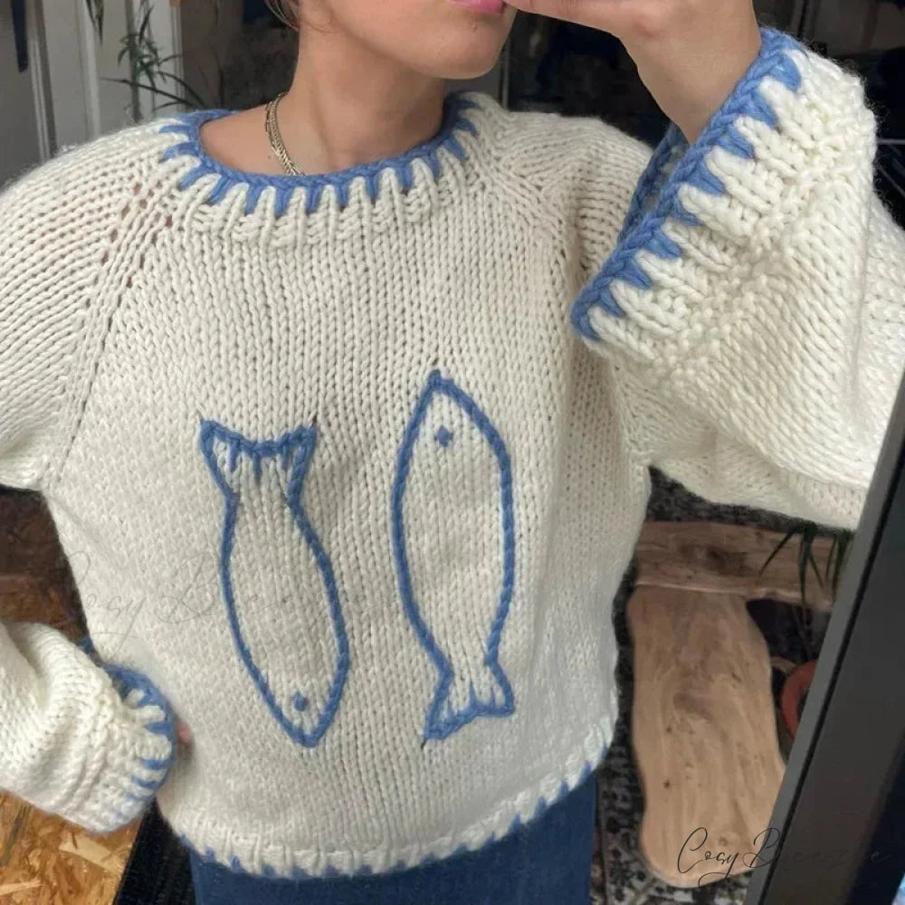 Fish Contrast Color Crew Neck Warm Sweater swraters-241228