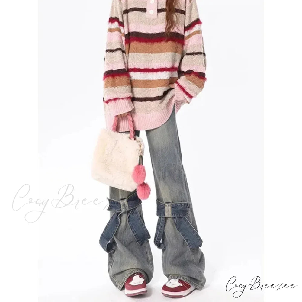 Flare Jeans Women Bow Patchwork Pants pants-241228