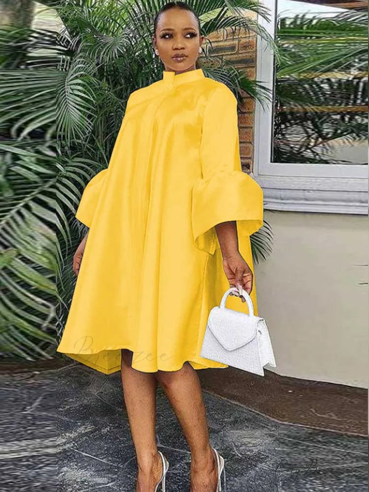 Flared One-sleeve Graceful Loose Party Dress Yellow / M