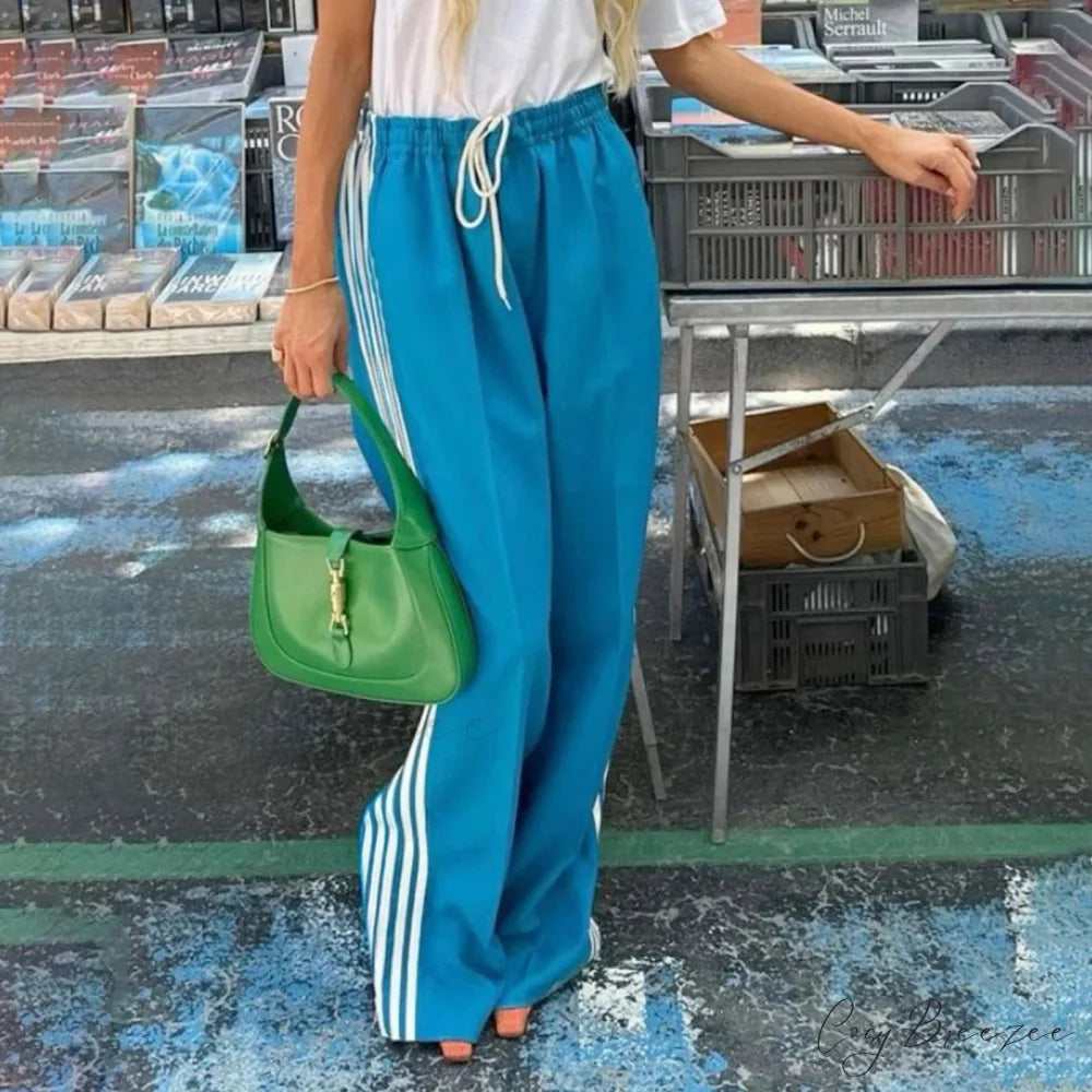 Flared Solid Shade Elevated-Waist Cotton Linen Pant Blue / S pant-250223