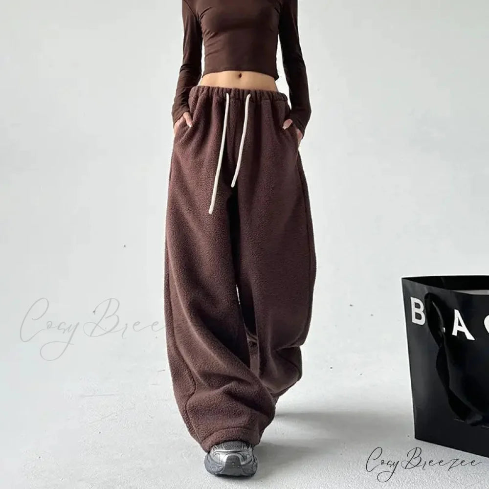 Fleece Thick Wool Wide Leg Pants Coffee / S pants-241228