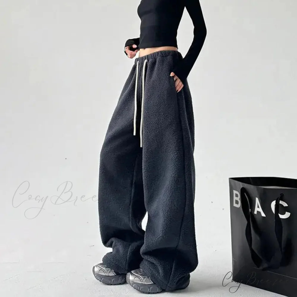 Fleece Thick Wool Wide Leg Pants Navy blue / S pants-241228