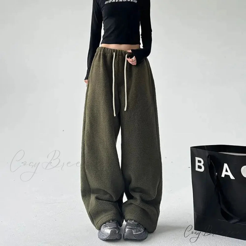 Fleece Thick Wool Wide Leg Pants olive green / S pants-241228