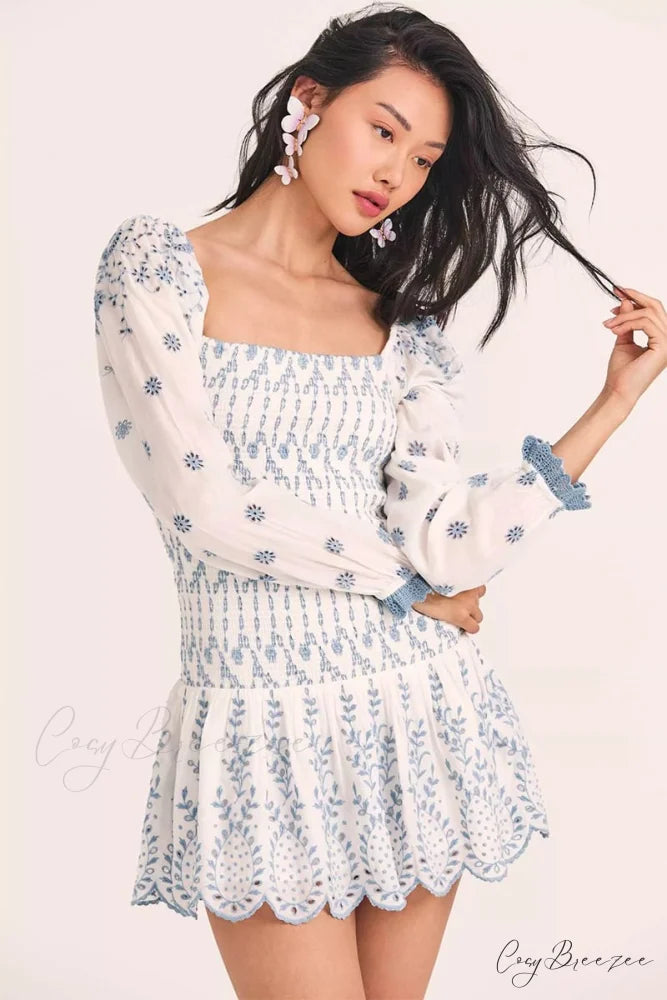 Flirty Vacay Graceful Eyelet Mini Dress Blue / S