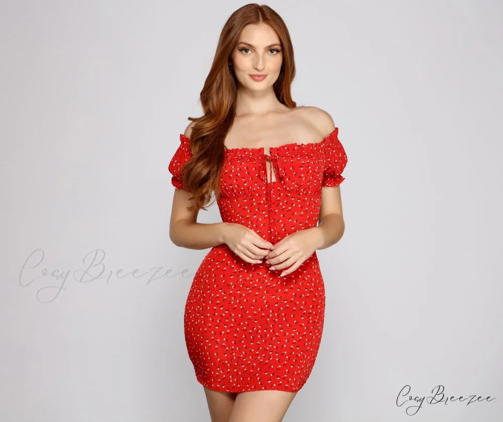 Flirty Vibes Off The Graceful Shoulder Floral Mini Dress