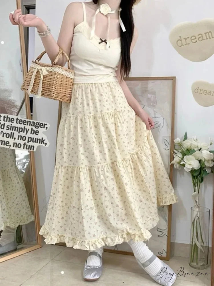 Floral A-Line Mid-Calf High Waist Skirt skirt-250126