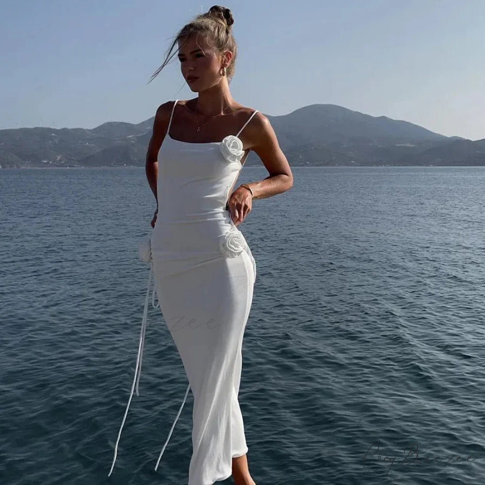 Floral Applique Bandage Sleeveless Summer Vestido Midi Dress