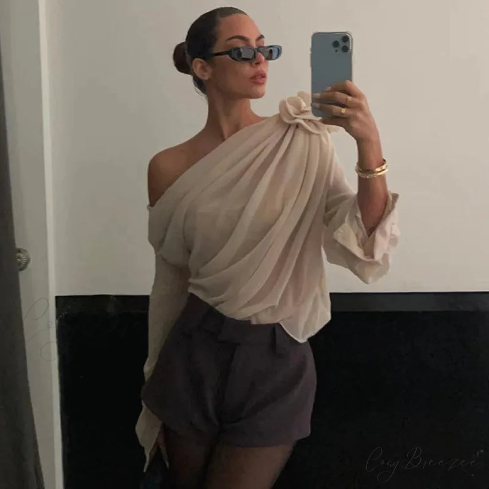 Floral Applique Mesh Chiffon Graceful One Shoulder Long Sleeve Top apricot / S