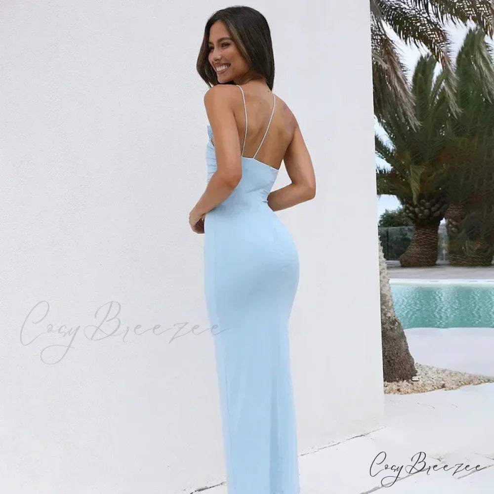 Floral Applique Ruched Summer Irregular Sleeveless Party Club Maxi Dress
