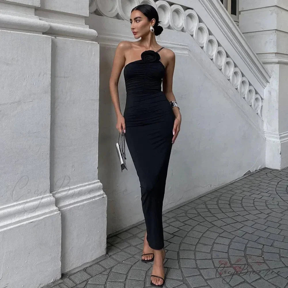Floral Applique Ruched Summer Irregular Sleeveless Party Club Maxi Dress