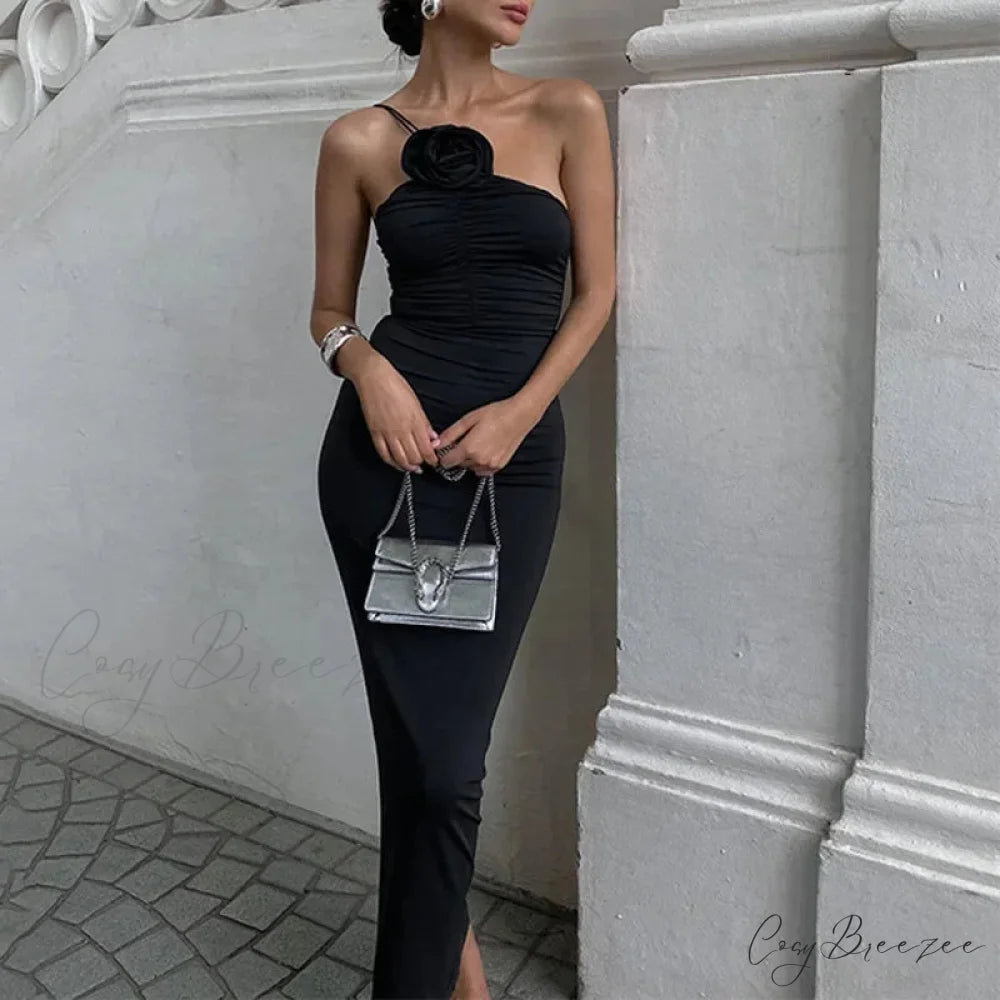 Floral Applique Ruched Summer Irregular Sleeveless Party Club Maxi Dress Black / S