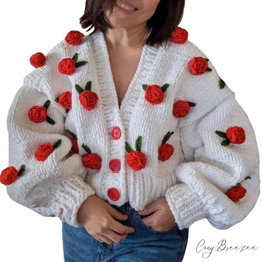 Floral Button Closure Knit Cardigan Red / S cardigans-241228