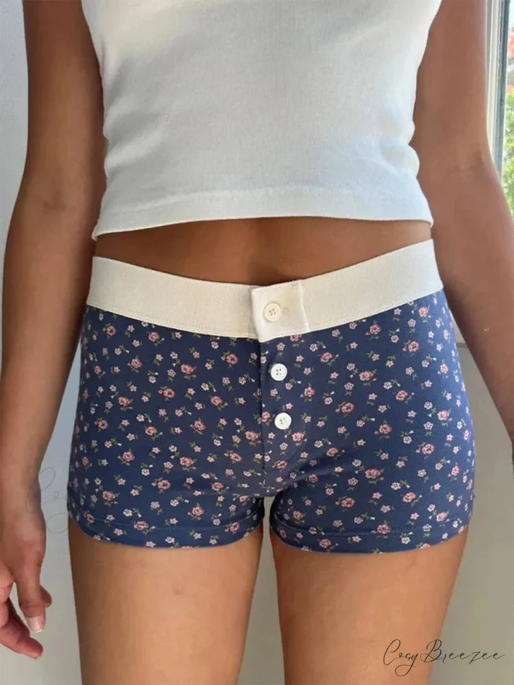 Floral Button Elastic Waist Shorts Blue / S short-250223