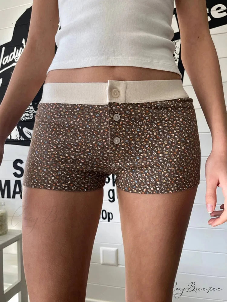 Floral Button Elastic Waist Shorts Dark Brown / S short-250223