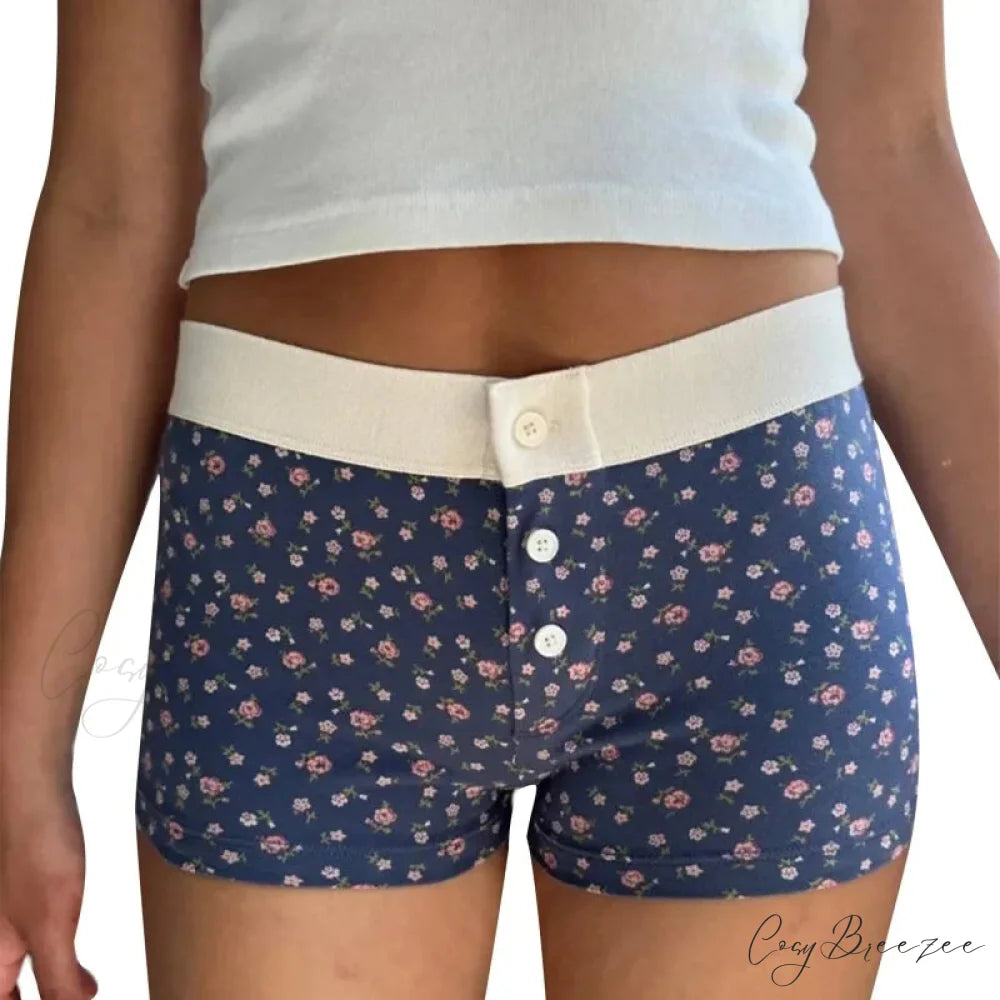 Floral Button Stretch Lounge Shorts blue / S short-250223
