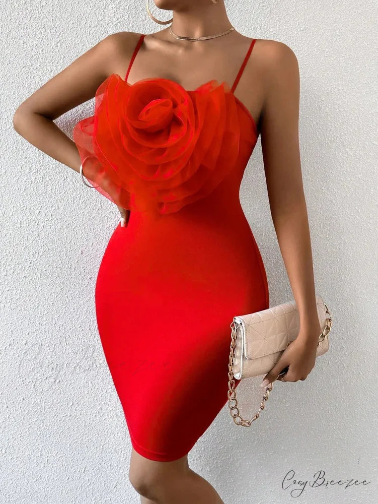 Floral Cami Braces Backless Red Christmas Party Dress Red / S