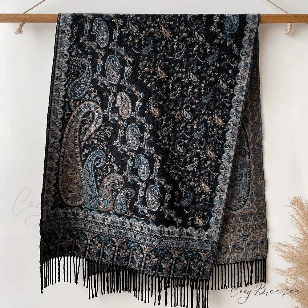 Floral Cashmere Blanket Winter Scarf black scarf-241228