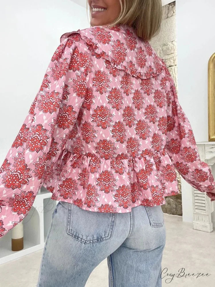 Floral Doll Collar Tie-Up Shirt blouse-250223