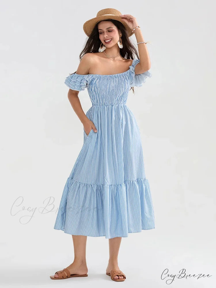 Floral Dot Print Shirred Square Neck Ruffled Flowing Beach Dress Blue / S floraldress-250126
