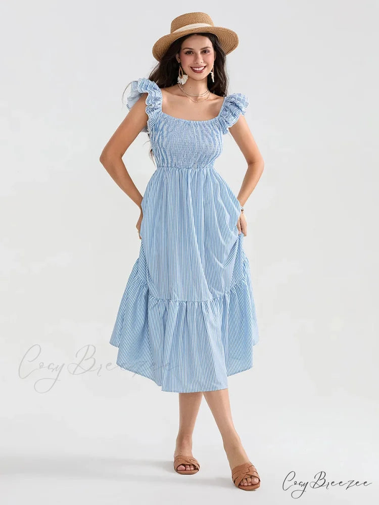 Floral Dot Print Shirred Square Neck Ruffled Flowing Beach Dress floraldress-250126