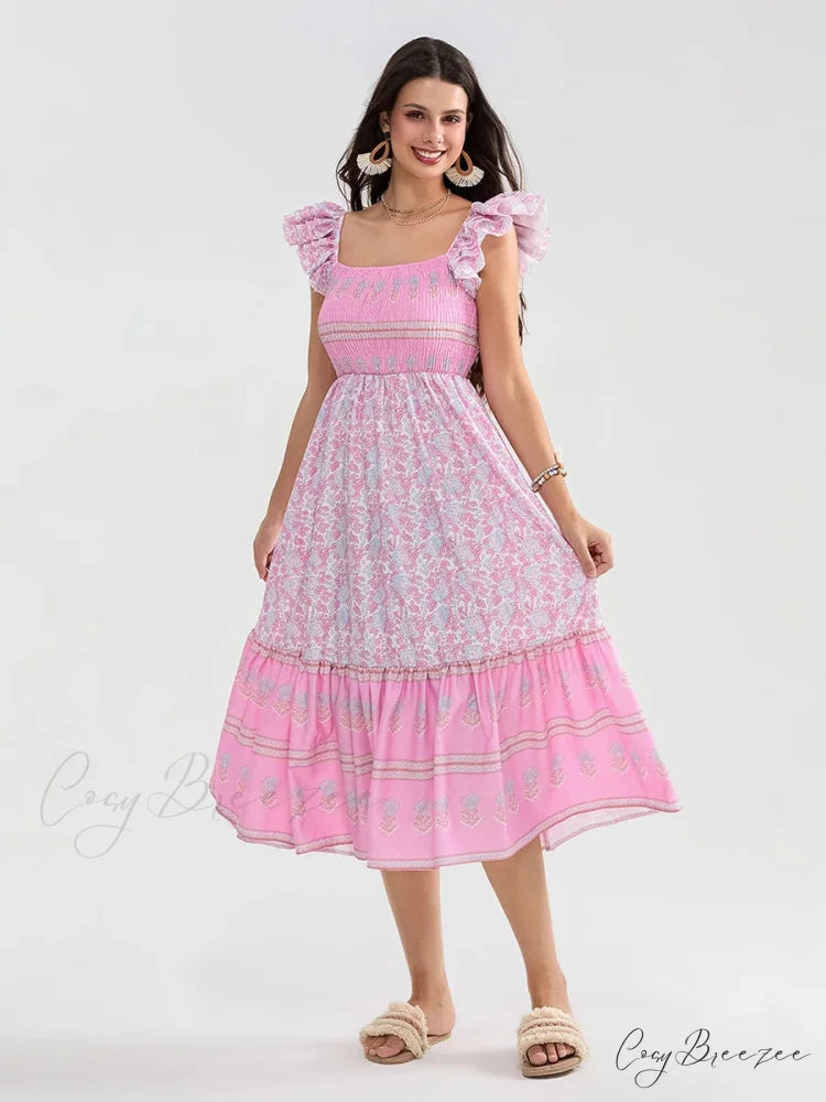 Floral Dot Print Shirred Square Neck Ruffled Flowing Beach Dress floraldress-250126