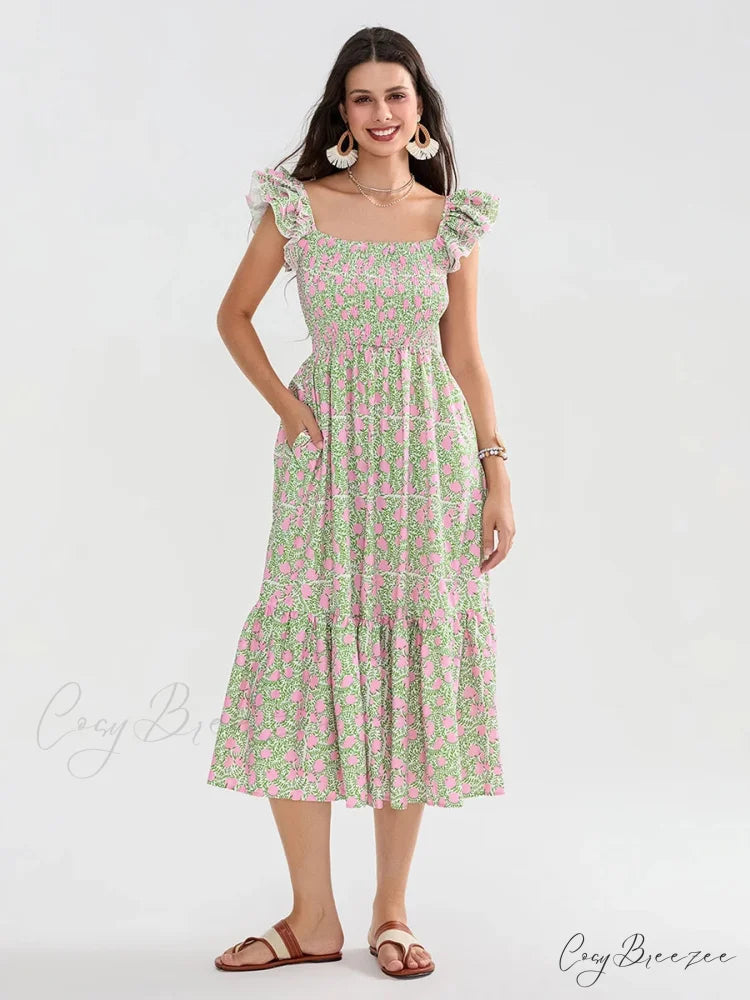 Floral Dot Print Shirred Square Neck Ruffled Flowing Beach Dress floraldress-250126