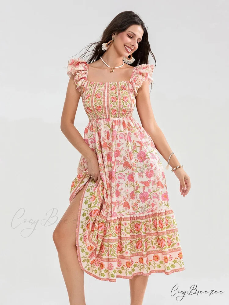 Floral Dot Print Shirred Square Neck Ruffled Flowing Beach Dress Orange / S floraldress-250126