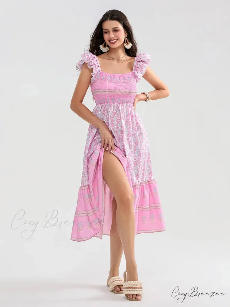 Floral Dot Print Shirred Square Neck Ruffled Flowing Beach Dress Pink / S floraldress-250126