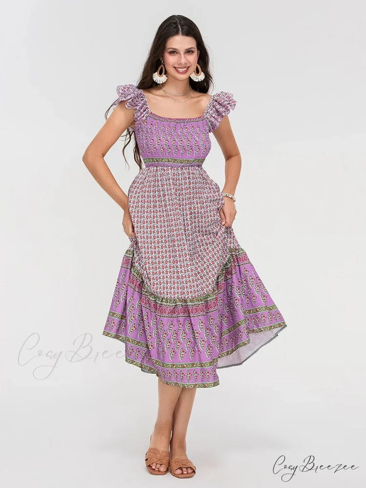 Floral Dot Print Shirred Square Neck Ruffled Flowing Beach Dress PURPLE / S floraldress-250126