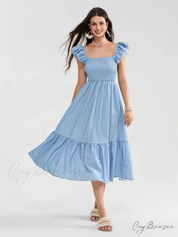 Floral Dot Print Shirred Square Neck Ruffled Flowing Beach Dress SKY BLUE / S floraldress-250126