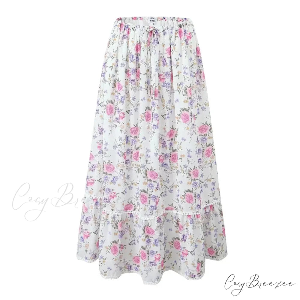 Floral Elastic Stylish Waist Maxi Skirt as picture / L