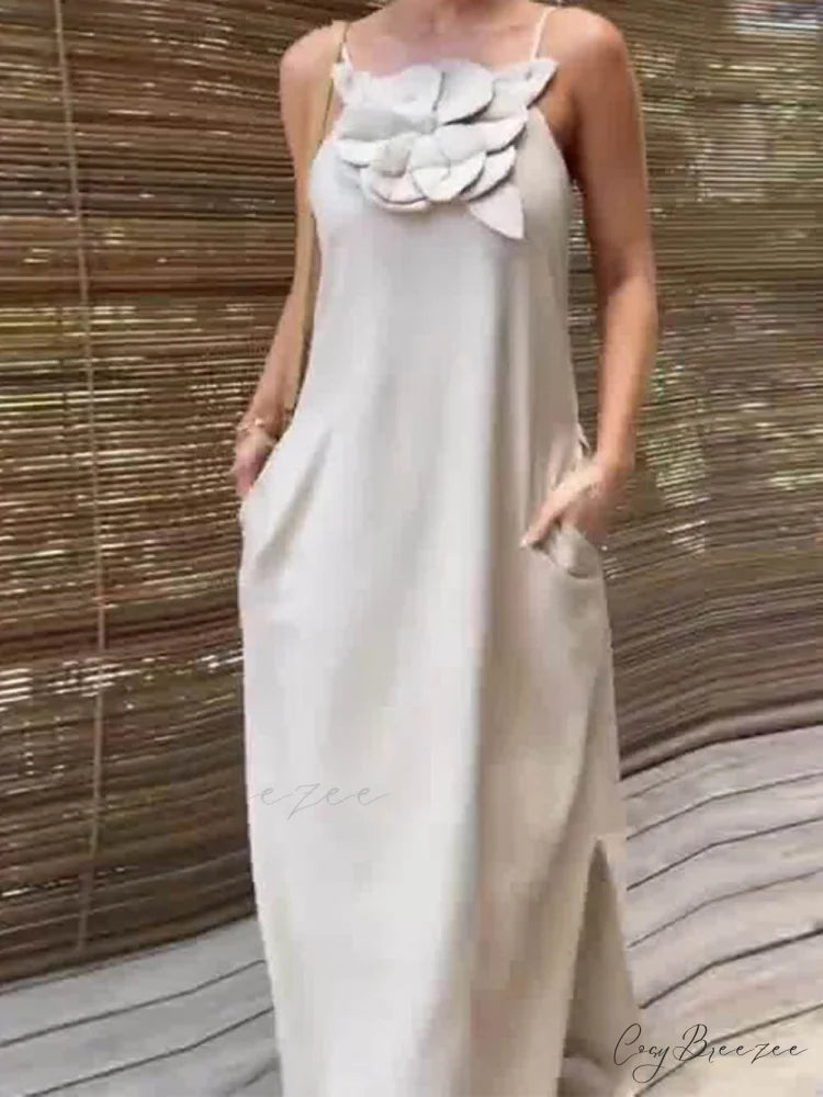 Floral Embellishment Pocketed Charming Slit Maxi Dress