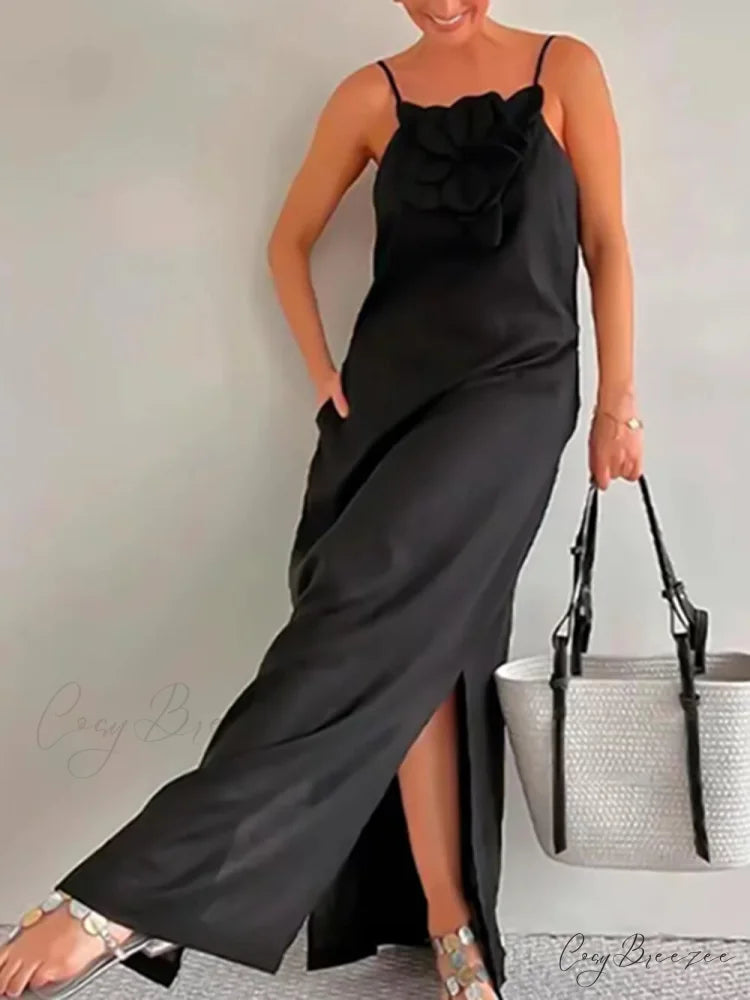 Floral Embellishment Pocketed Charming Slit Maxi Dress Black / S