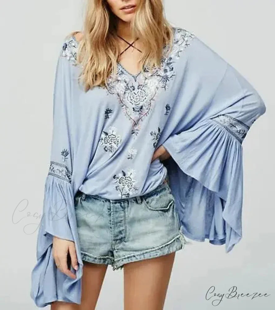 Floral Embroidered Flare Sleeve V-Neck Casual Boho Blouse Blue / S bohoblouse-250126