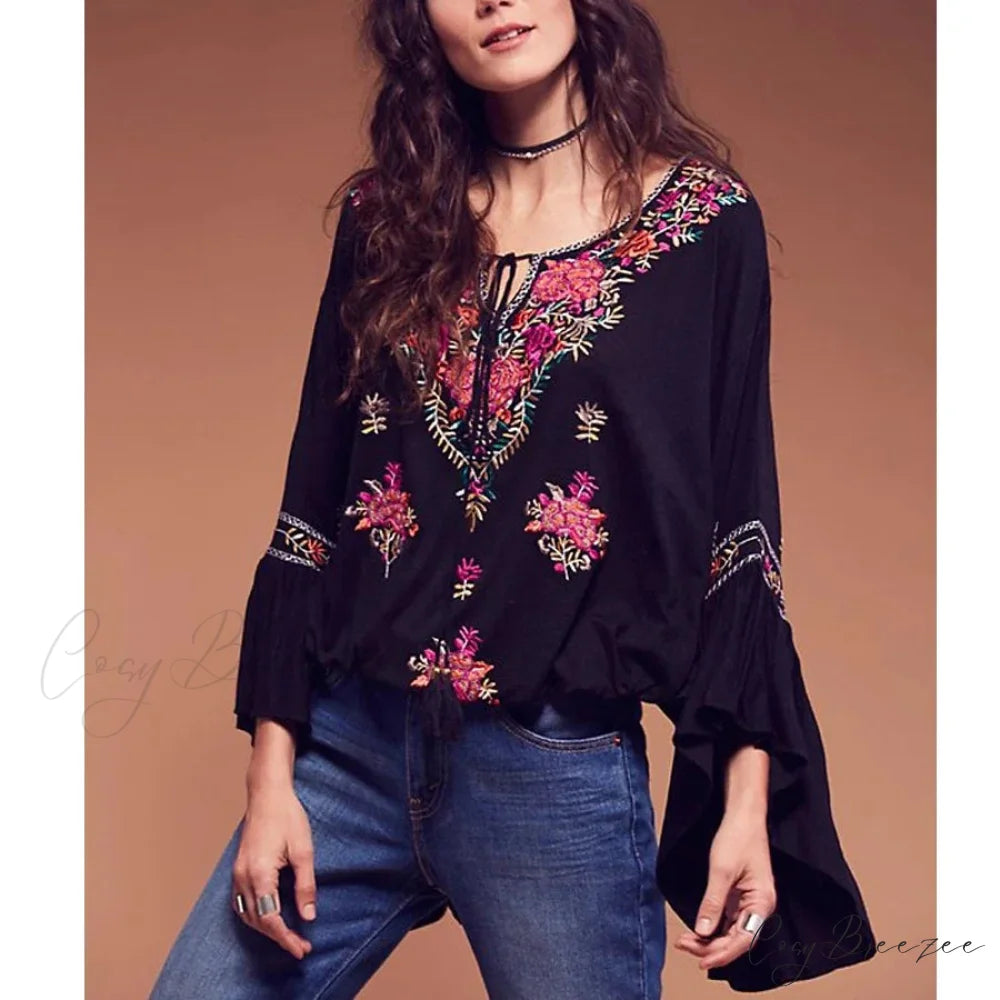 Floral Embroidered Flare Sleeve V-Neck Casual Boho Blouse bohoblouse-250126
