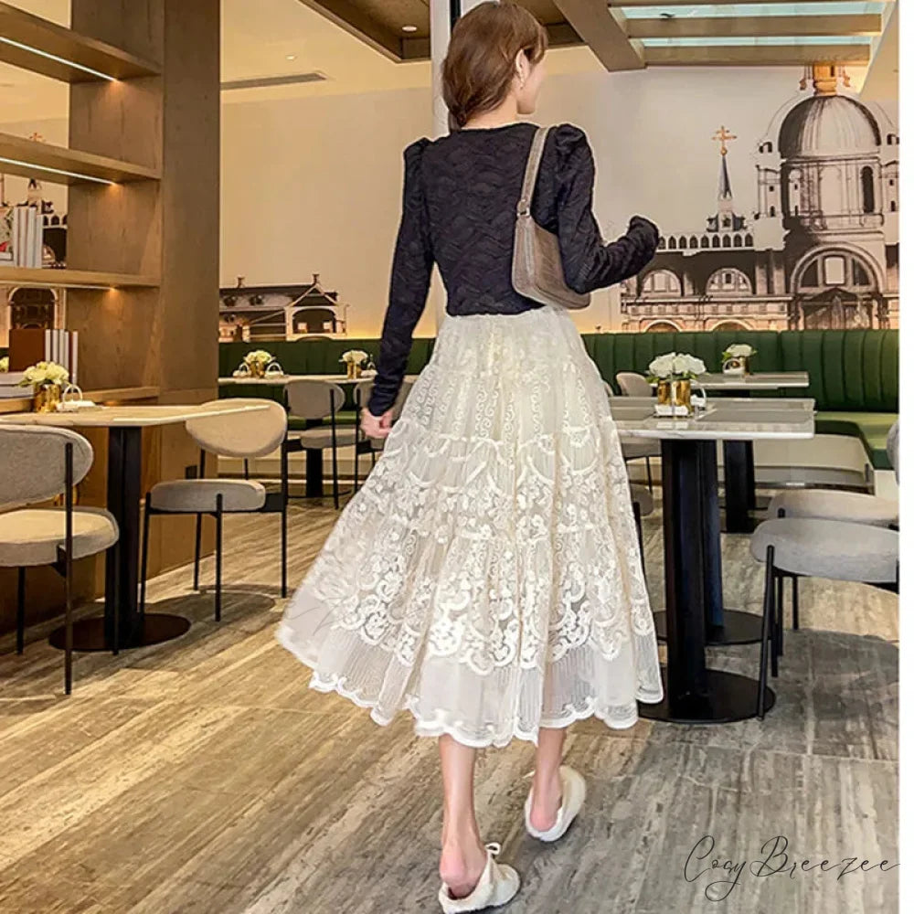 Floral Embroidery Lace High Waist A-Line Skirt skirt-250126