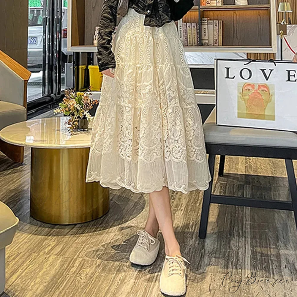 Floral Embroidery Lace High Waist A-Line Skirt skirt-250126