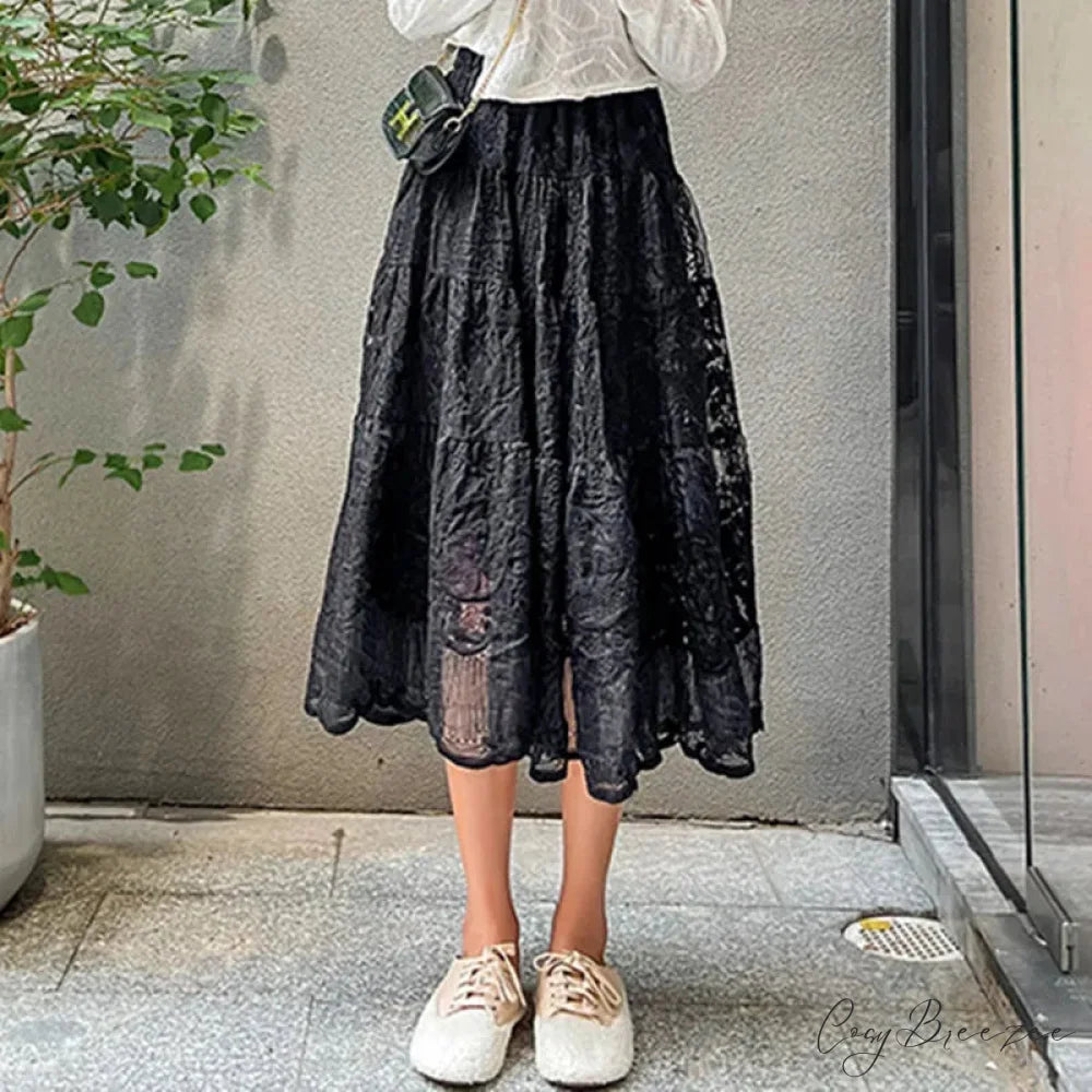 Floral Embroidery Lace High Waist A-Line Skirt Black / S skirt-250126
