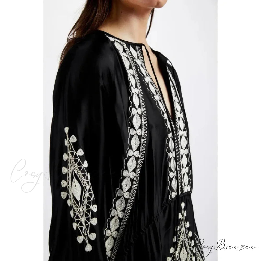 Floral Embroidery Stretch Waist Holiday Maxi Boho Dress bohodress-250126
