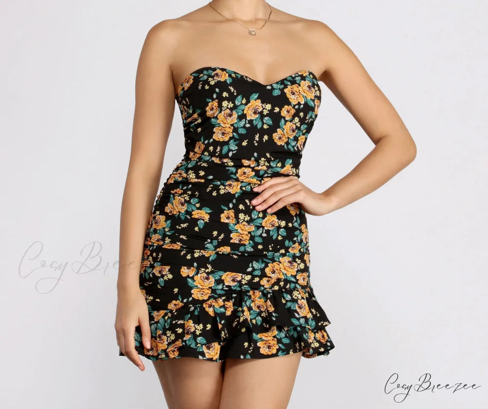 Floral Feels Stylish Ruffle Mini Dress BLACK / S
