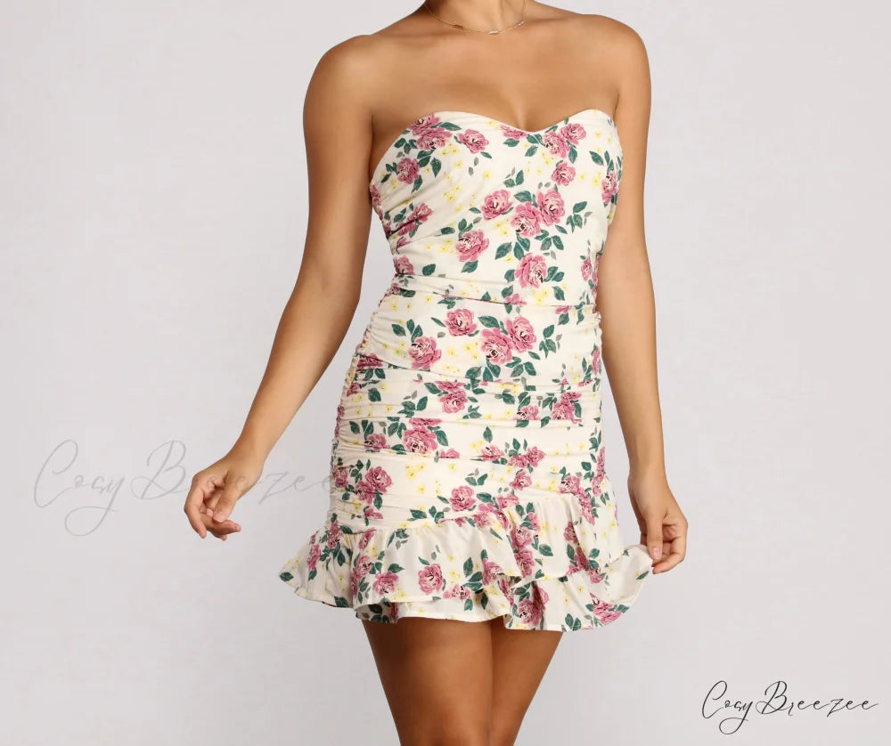 Floral Feels Stylish Ruffle Mini Dress IVORY / S