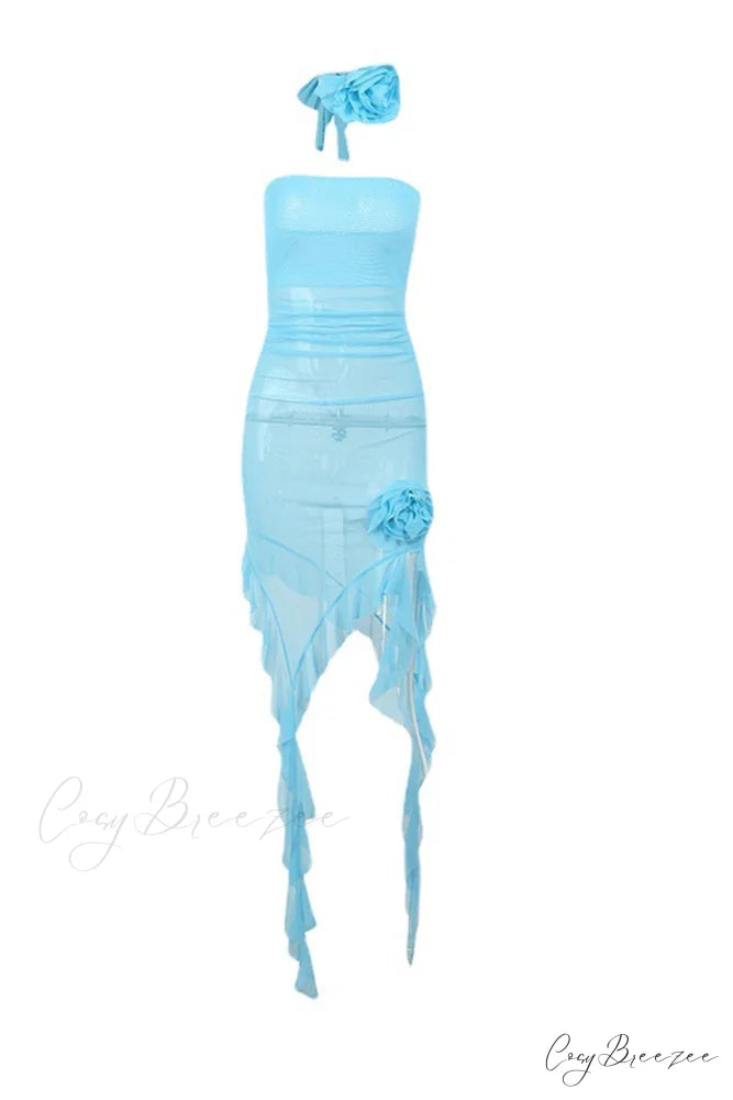 Floral Fringe Mesh Strapless Dress