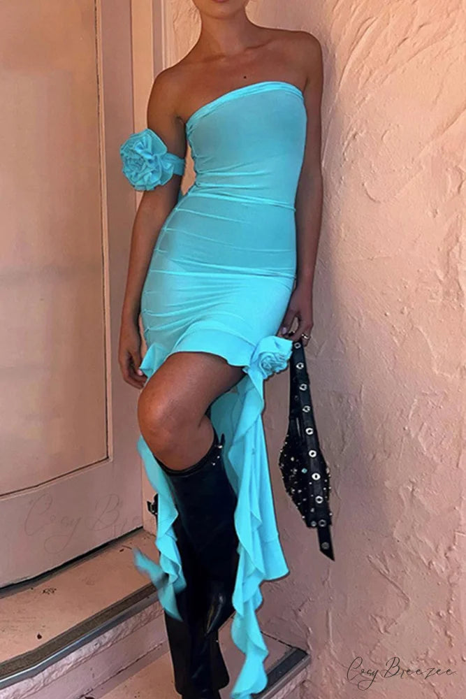 Floral Fringe Mesh Strapless Dress Blue / M