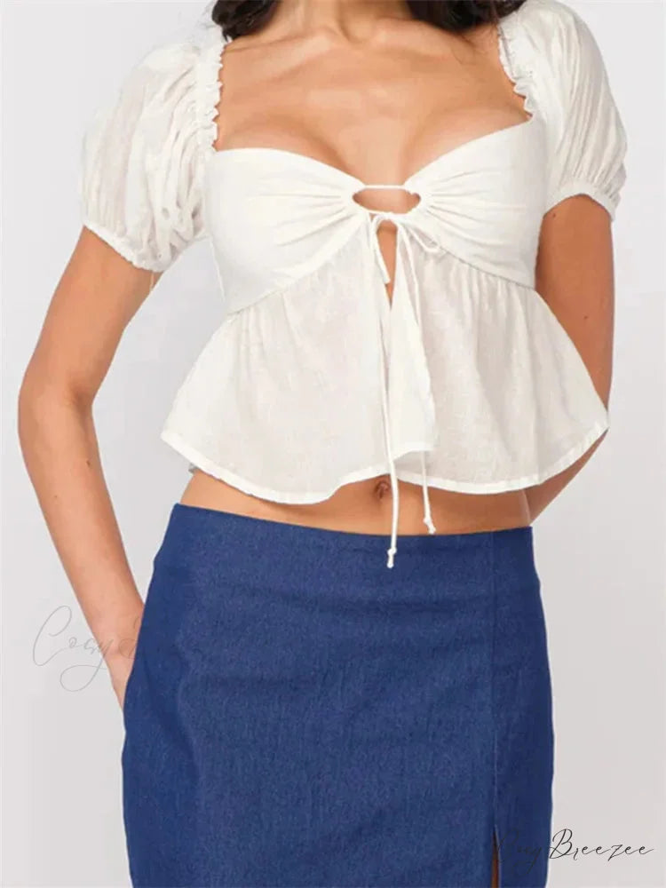 Floral Front Tie-Up Cropped Shirt white1 / S blouse-250223