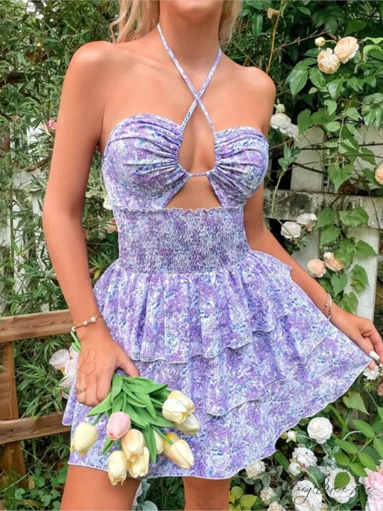 Floral Halter Lace-up Mini Dress floraldress-250126